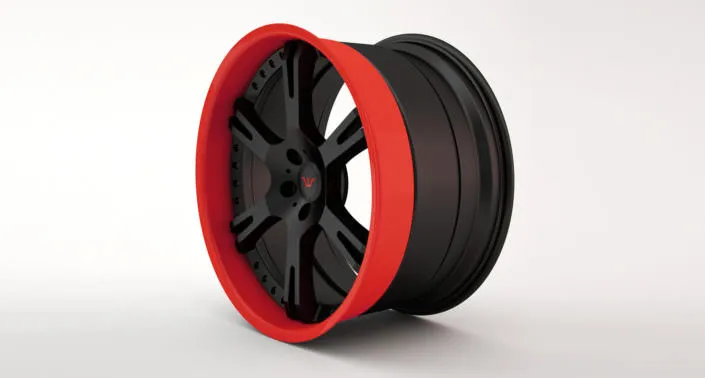6Sporz² wheel finishing sample: red outside rim meets a black coated center ferrari rot felge design