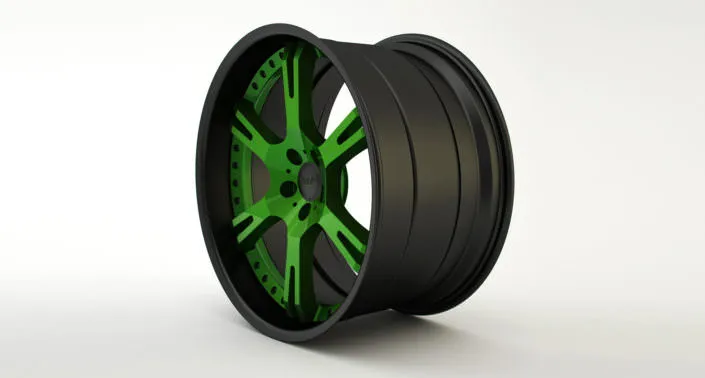 Felge 6Sporz² Individualisierung Beispiel: Aussenbett in mattschwarz und Radstern in Grün dreiteilige felge mit verschiedenen farben