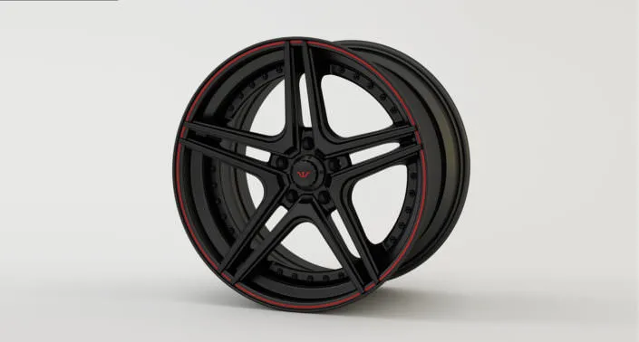 Finishing sample: matte black FiveStar wheel red outline and red Wheelsandmore logo Finishing sample: matte black FiveStar wheel red outline and red Wheelsandmore logo