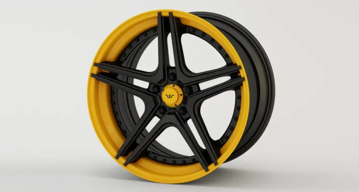 Explosion drawing oFinishing sample: matte black center with yellow outside rim and center capf hybrid-wheel FiveStar Finishing sample: matte black center with yellow outside rim and center cap