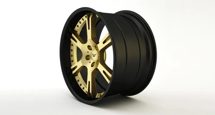 6Sporz² wheel finishing sample: black inside and outside rim meets a golden center mehrteilige felge mit goldenem stern