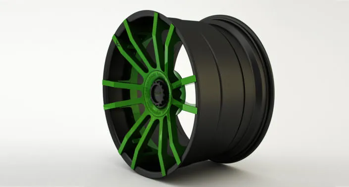 F.I.W.E. Felge Beispiel: Aussenbett in mattschwarz sowie Radstern in grün felge dreiteilig mit radstern in grün