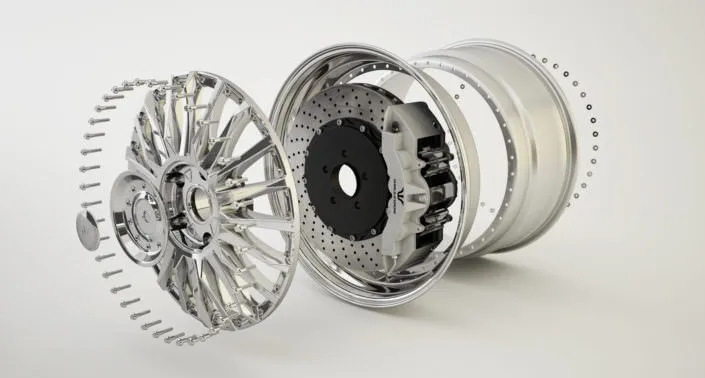 Explosion drawing of full glossy C-Sport wheel with stanless steel outside rim Explosion drawing of full glossy C-Sport wheel with stanless steel outside rim