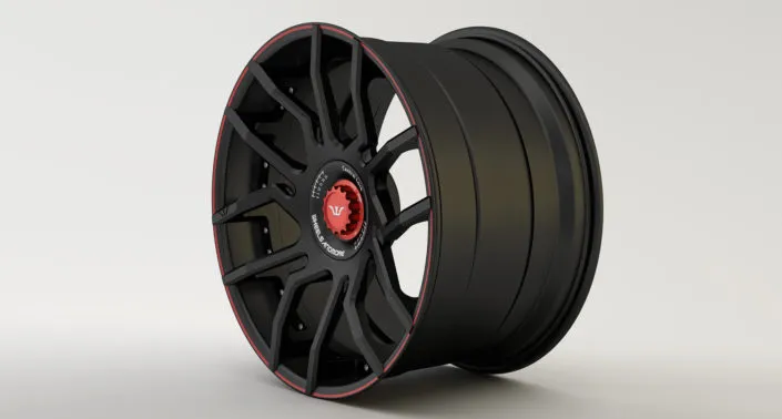 Finishing sample: All black FORK wheel with red center cap and laser engraved scale on cap and circle cover