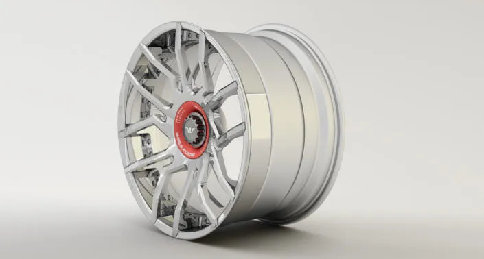 Finishing sample: high glossy finish with plished stainless steel outside rim and red scaled center cover disc