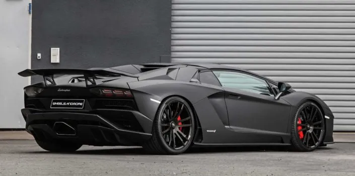 matte black aventador s with wheels and exhaust