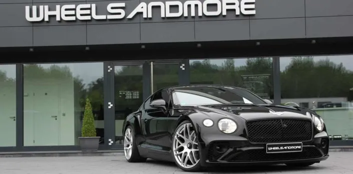 new-bentley-tuning front side view black continental with tuning products from wheelsandmore