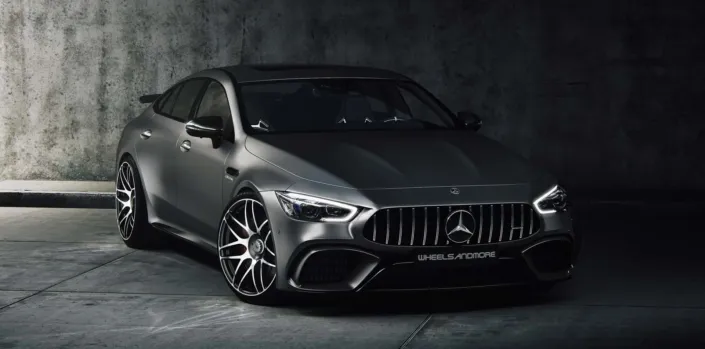 Full frontal view on anthracite Mercedes GT63 tuning conversion from wheelsandmore with 810hp