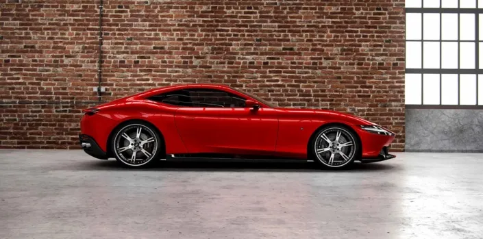 bespoke-Ferrari-wheels full side view of red Ferrari Roma with 21/22 inch 6Sporz² wheels