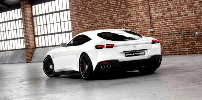 exhaust-Ferrari-Roma rear view of white ferrari roma waering individual customized fiwe wheels from wheelsandmore