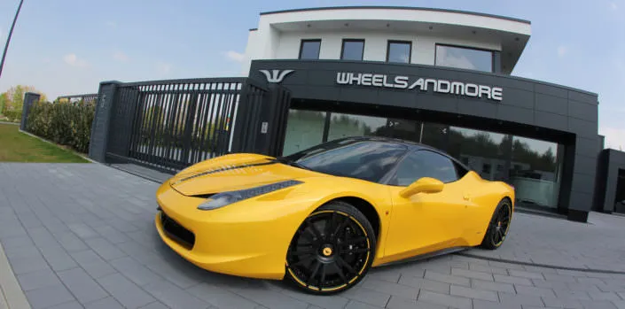 Tuning-Ferrari-458-Spider yellow 458 tuned by wheelsandmore with wheels 21 inch, lowering suspension and exhaust