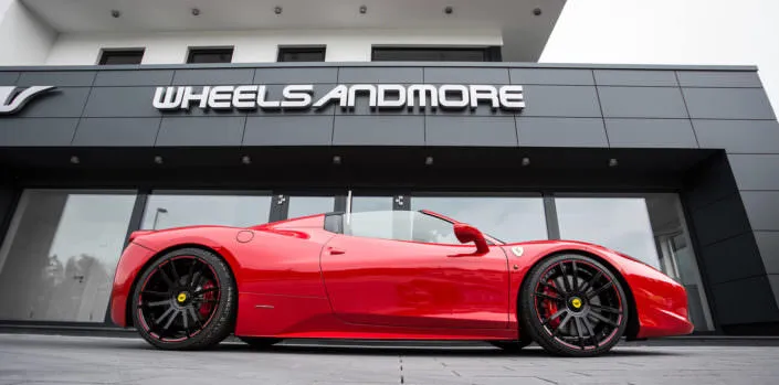 ferrari-458-spider-chiptuning ferrari 458 red spyder wearing fiwe concave wheels glossy black with red outline