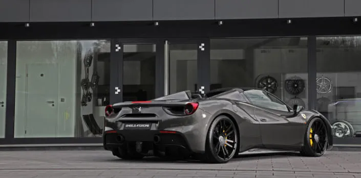 sport-muffler-ferrari-488-tuning ultrawide fiwe wheels 21 inch on ferrari 488 spider