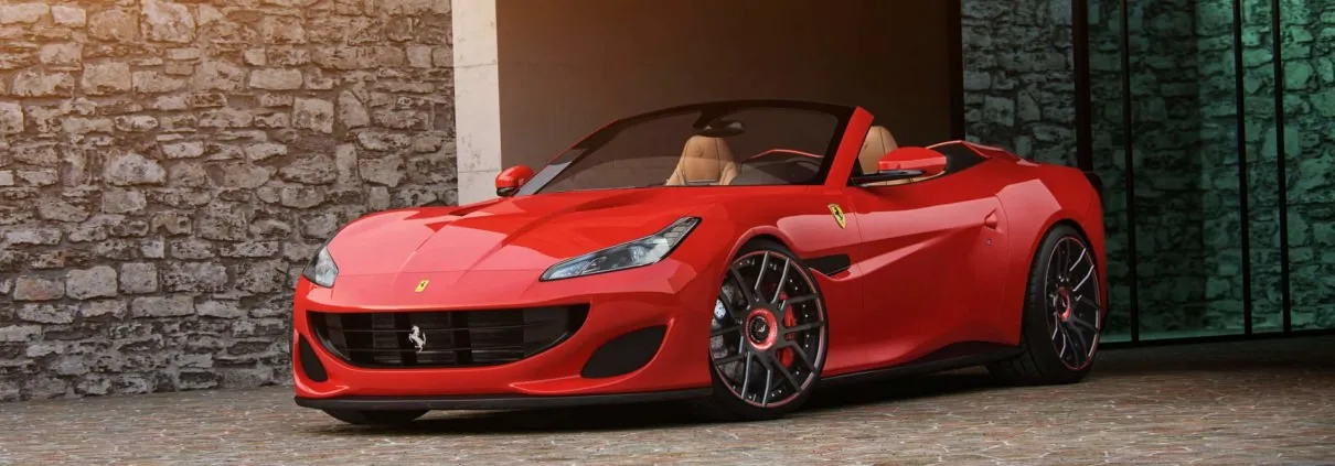 close up ferrari portofino red with new wheels