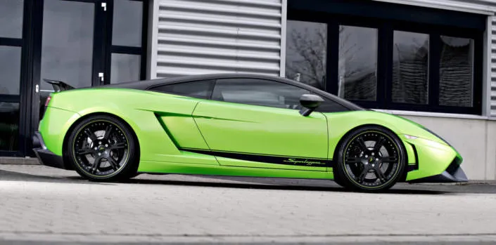 side view of green lamborghini superleggera