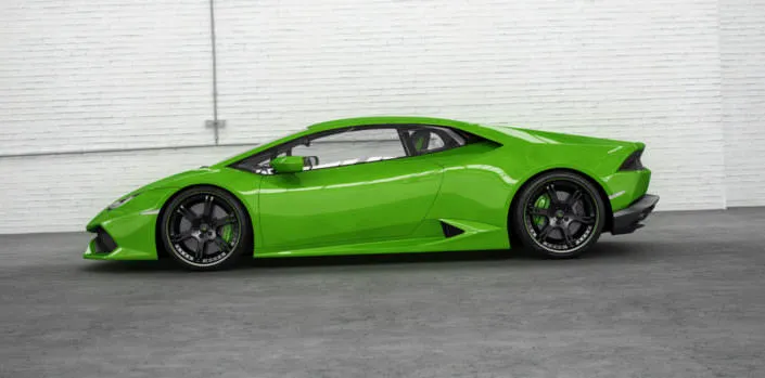 green huracan with black 6sporz² wheels and exhaust side view