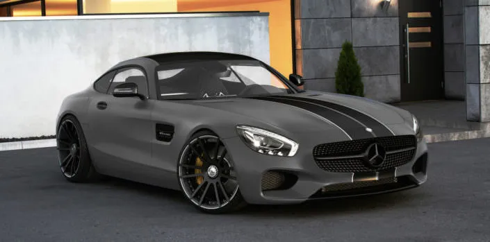 conversed mercedes amg gt with 21 inch fiwe concave forged wheels and suspesnion springs