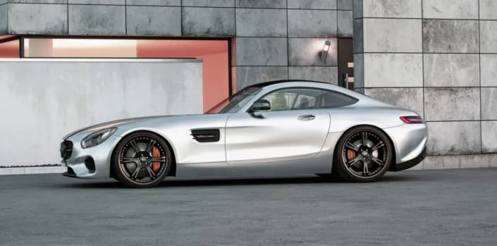 side vie silver amg gt wearing black and red 6sporz wheels in 21 inch
