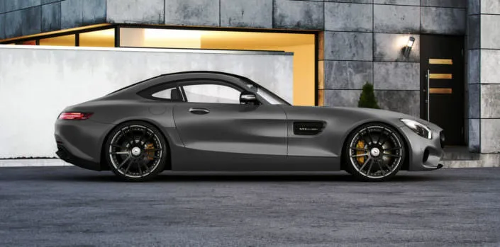 side view of grey mercedes amg gts with chrom black fiwe wheelss 21 inches