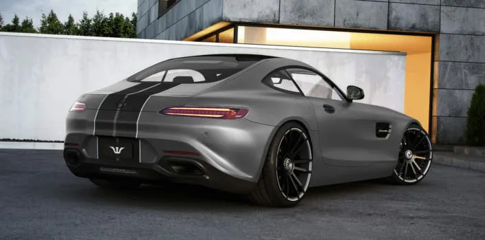 rear side view mercedes amg gt with wheels and exhaust