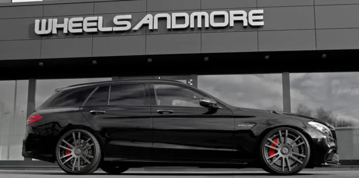 side view mercedes c63 amg station wagon with anthracite fiwe wheels and coilover suspension