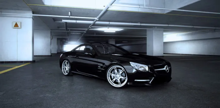 side front view black sl with chrome polished 6sporz wheels