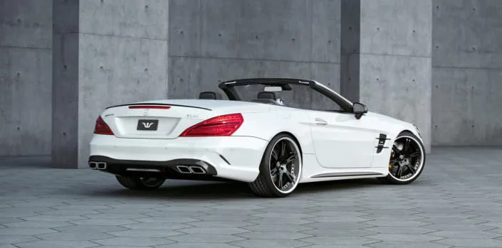 rear side view sl 63amg wearing 20/21 inch staggered 6sporz wheels black center and polished lip