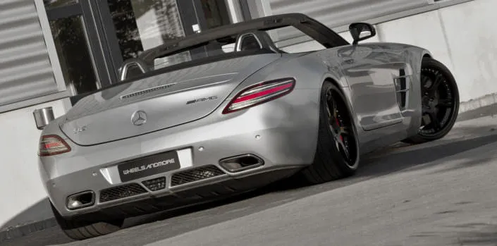 rear view of sls amg mercedes with black 21 inch 6sporz wheels