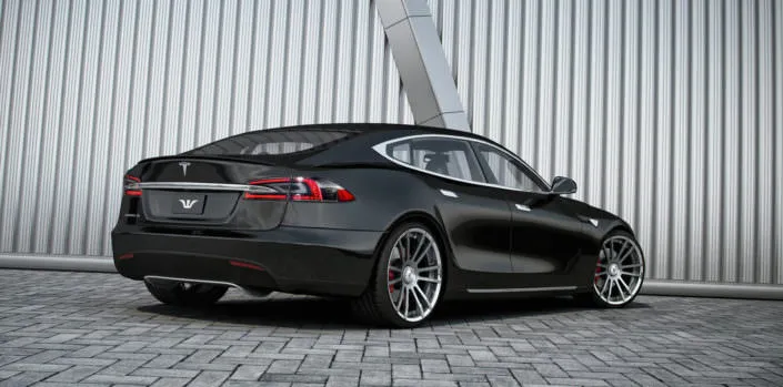 tesla s rear view black car with silver fiwe wheels 22 inches