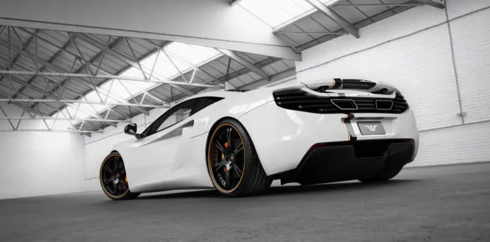 valve-controlled-exhaust-McLaren-MP4-12C-Tuning rear floor view white mclaren with black forged 6sporz wheels