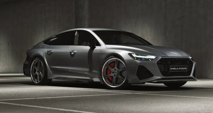 RS7 C8 in front of stairs with 22 inch tuning wheels